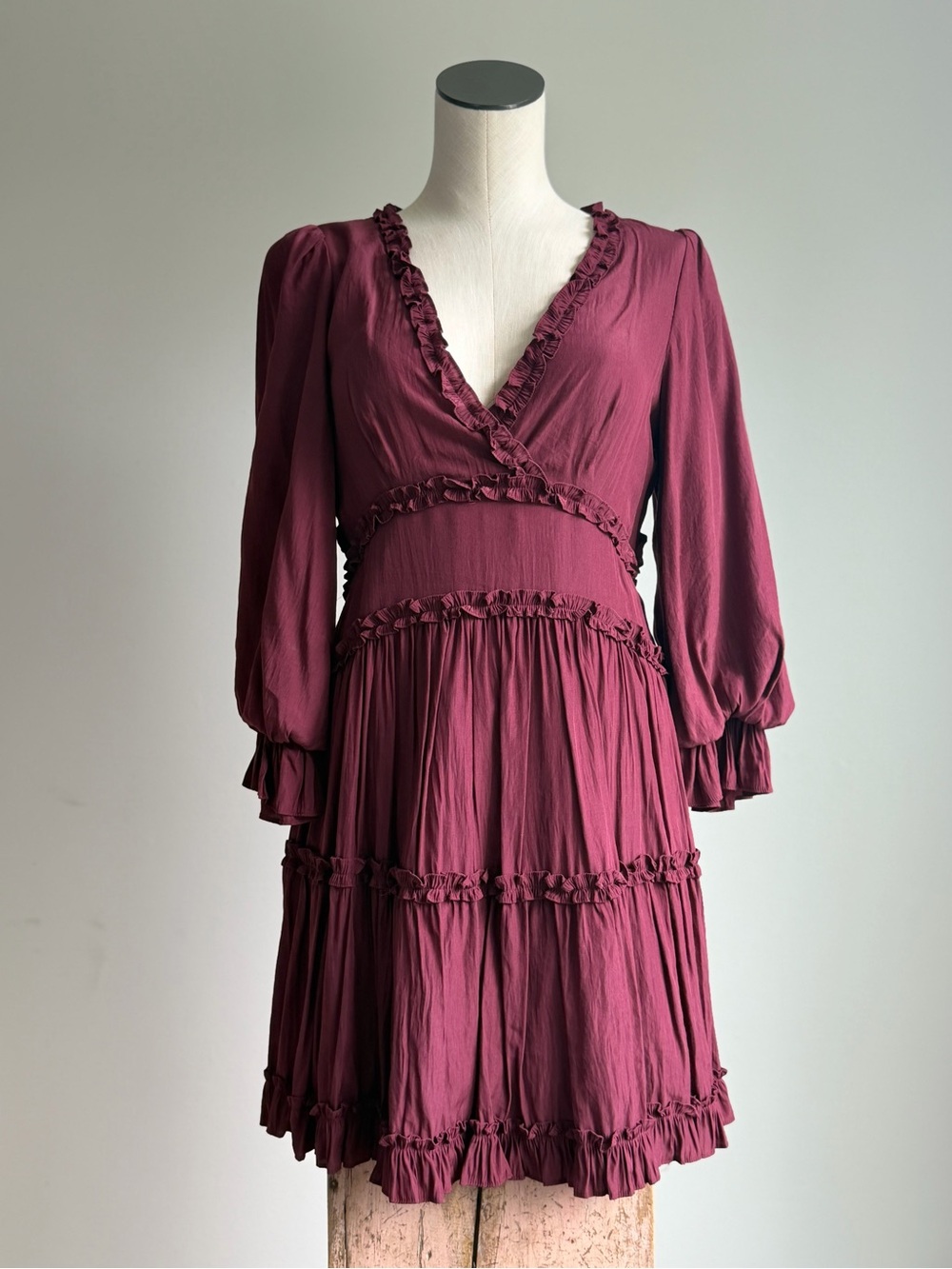 Mustard Seed Ruffle Tiered V-Neck Dress - Wine